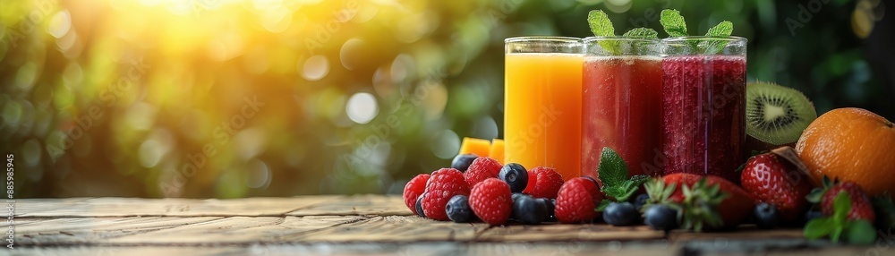 Refreshing glasses of orange and berry juices with fresh fruits and herbs on a rustic wooden table in a sunny outdoor setting. Refreshing glasses of orange and berry juices with fresh fruits and herbs on a rustic wooden table in a sunny outdoor setting.