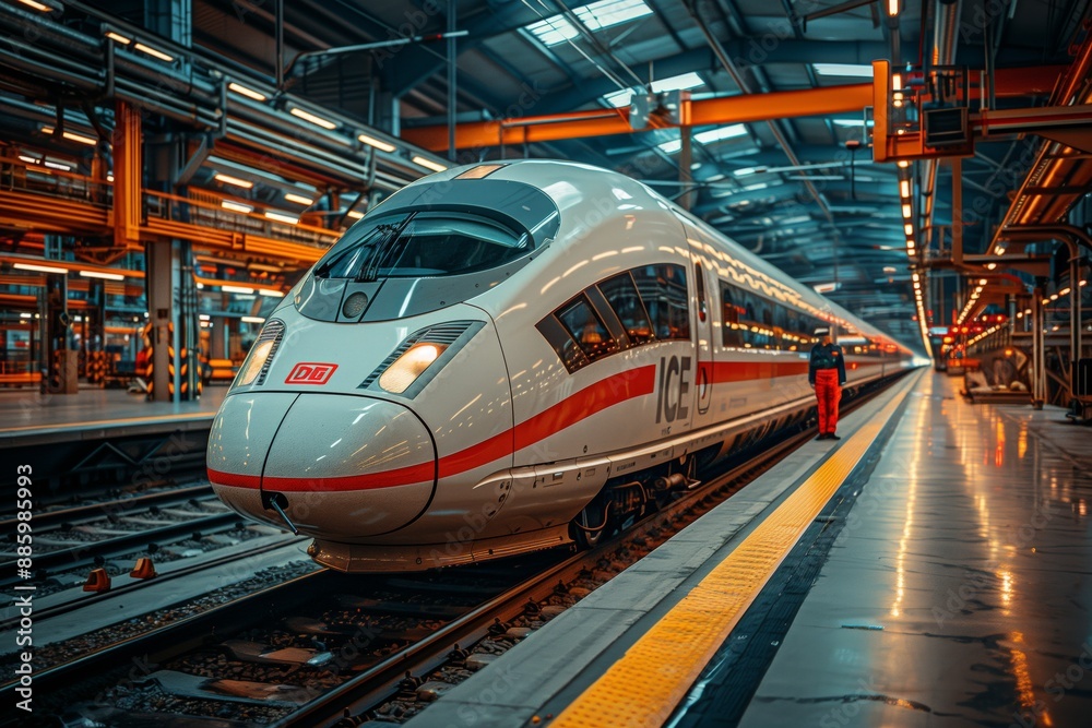 Fototapeta premium Modern High-Speed Train in Maintenance Depot. Modern high-speed train in a maintenance depot, showcasing advanced rail technology and infrastructure.