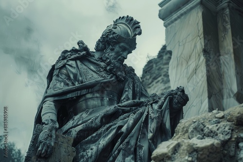 Ancient statue of bearded warrior, weathered and covered in debris. Moody atmosphere with misty background.