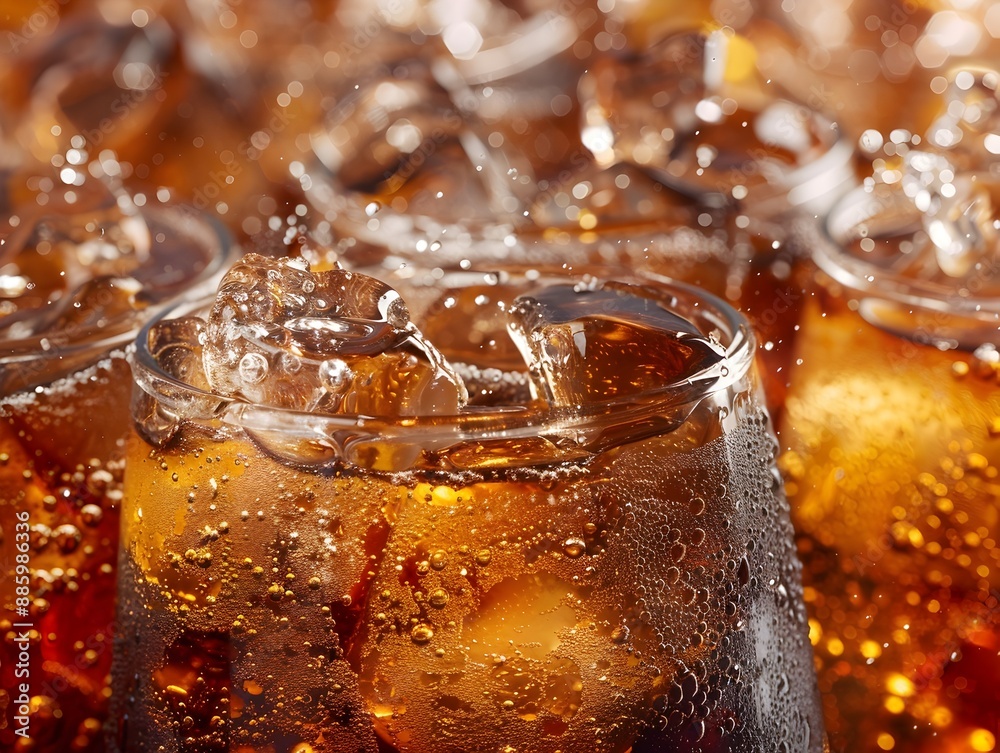 Macro Close up of Sparkling Cola Drink in Transparent Glass with Ice Cubes Macro Close up of Sparkling Cola Drink in Transparent Glass with Ice Cubes