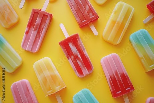 Colorful popsicles on a bright yellow background. Perfect summer treat with a variety of fruity flavors and fun colors.