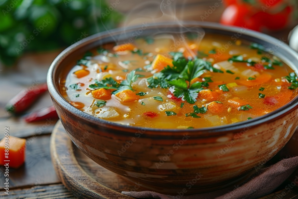 Cup of soup with ingredients and steam spiraling Cup of soup with ingredients and steam spiraling