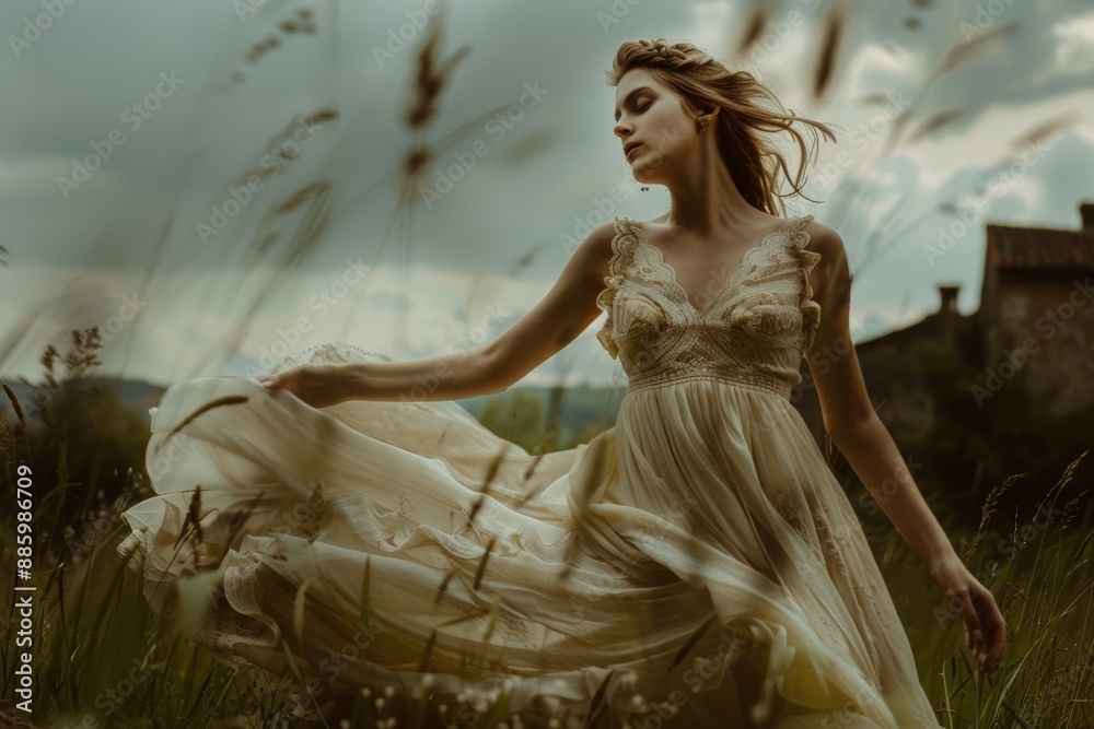 Dreamy bride in flowing gown dances in windswept field. Romantic, ethereal scene captures nature's beauty and bridal elegance. Dreamy bride in flowing gown dances in windswept field. Romantic, ethereal scene captures nature's beauty and bridal elegance.