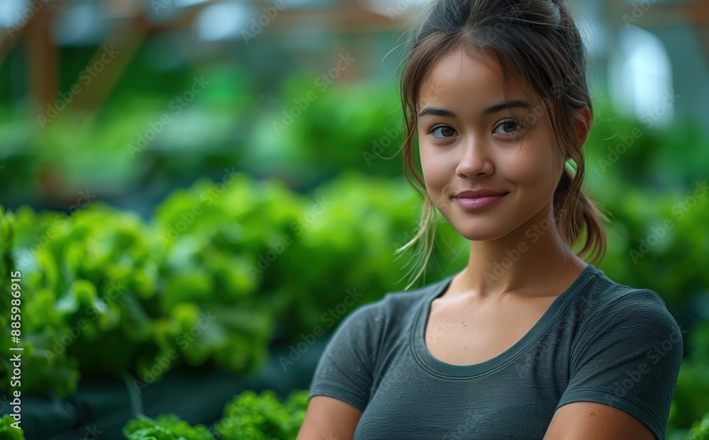 Smiling Young Woman in Greenhouse. Smiling young woman standing in a greenhouse, symbolizing dedication to sustainable agriculture and the nurturing of healthy crops. Smiling Young Woman in Greenhouse. Smiling young woman standing in a greenhouse, symbolizing dedication to sustainable agriculture and the nurturing of healthy crops.