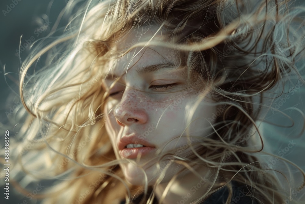 Windswept portrait. Blonde hair flowing. Eyes closed, freckled face. Peaceful expression. Soft light. Ethereal mood. Windswept portrait. Blonde hair flowing. Eyes closed, freckled face. Peaceful expression. Soft light. Ethereal mood.