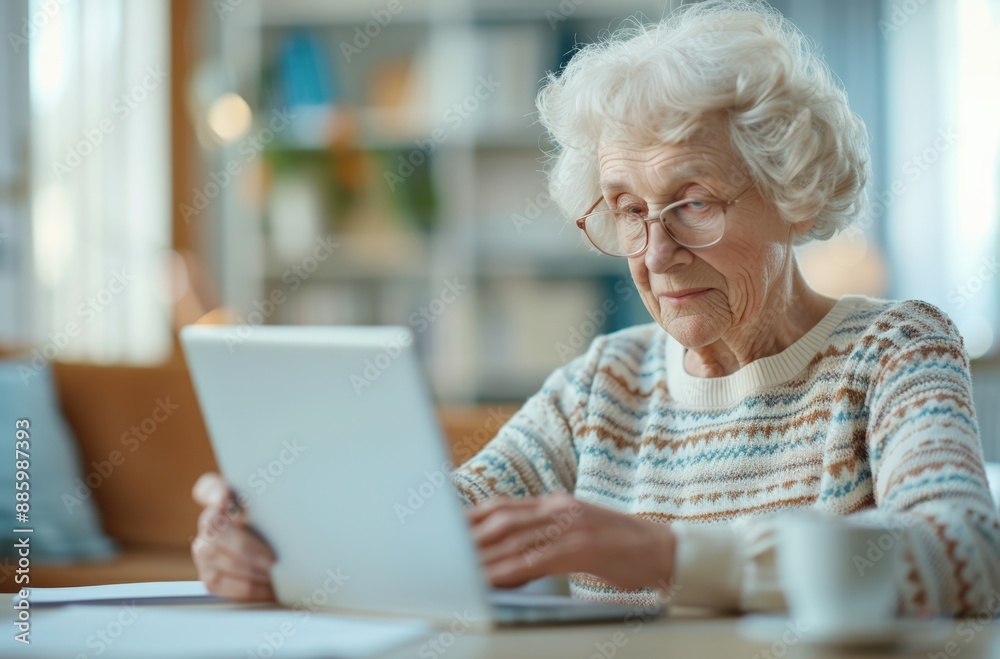 Senior woman using laptop at home, focusing on digital screen. Cozy living room with soft lighting. Concept of elderly and technology. Senior woman using laptop at home, focusing on digital screen. Cozy living room with soft lighting. Concept of elderly and technology.