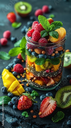 Colorful fresh fruit parfait in a jar with layers of mango, berries, kiwi, and chia seeds, garnished with mint leaves on a dark background. © Naret
