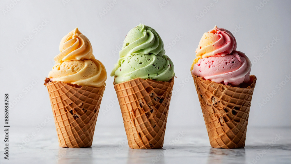 Three Waffle Ice Cream Cones with Strawberry, Mint, and Lemon Flavors, Refreshing Summer Dessert Three Waffle Ice Cream Cones with Strawberry, Mint, and Lemon Flavors, Refreshing Summer Dessert