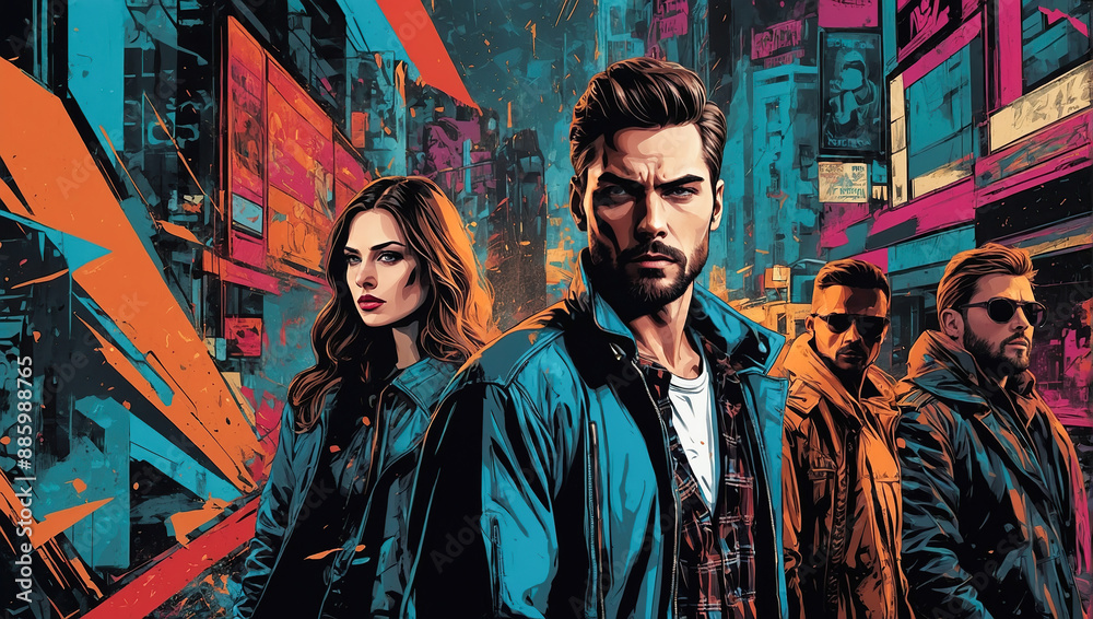 A group of people in a dynamic comic-style cityscape, showcasing a sense of adventure and urban exploration. A group of people in a dynamic comic-style cityscape, showcasing a sense of adventure and urban exploration.