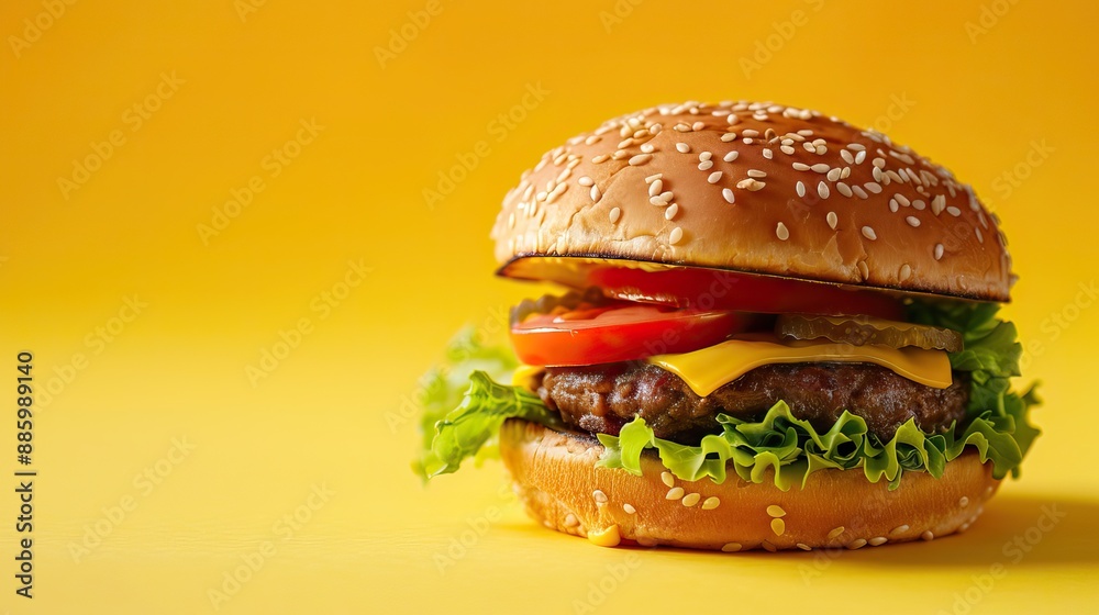 A juicy cheeseburger with lettuce and tomato on a bright yellow background, highlighting the appeal of classic fast food. Generative AI. A juicy cheeseburger with lettuce and tomato on a bright yellow background, highlighting the appeal of classic fast food. Generative AI.