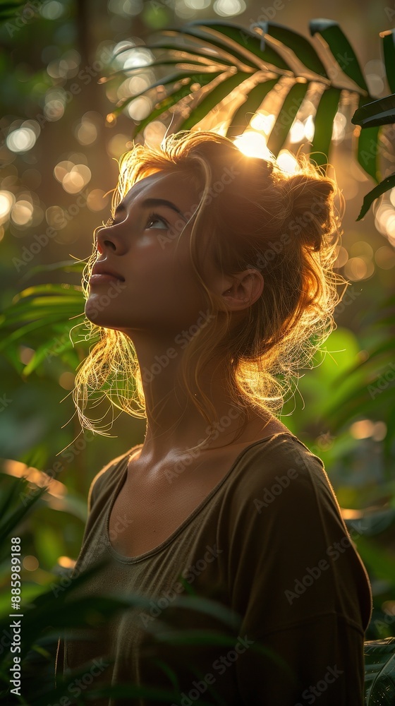 Serene woman in nature, bathed in golden sunlight, surrounded by lush green leaves, evoking tranquility and natural beauty. Serene woman in nature, bathed in golden sunlight, surrounded by lush green leaves, evoking tranquility and natural beauty.