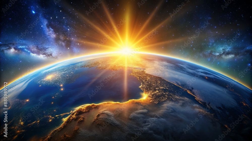 Breathtaking celestial view of radiant blue Planet Earth suspended majestically in blackness, illuminated by warm golden sunrise light. Breathtaking celestial view of radiant blue Planet Earth suspended majestically in blackness, illuminated by warm golden sunrise light.