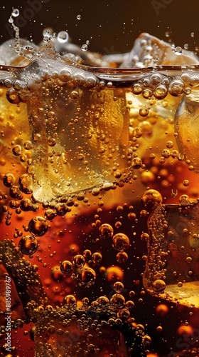 Close up of Fizzy and Bubbly Cola Drink with Transparent Glass and Clear Space