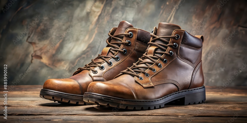 Brown leather hiking boots with laces on background, hiking, leather, boots, brown, outdoor, adventure, hiking gear, footwear Brown leather hiking boots with laces on background, hiking, leather, boots, brown, outdoor, adventure, hiking gear, footwear