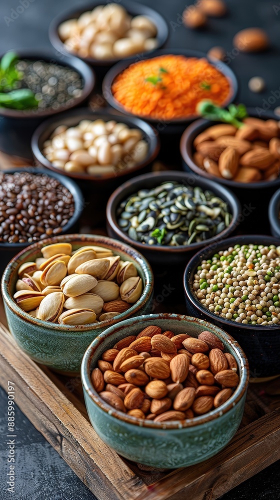 Assorted nuts, grains, and seeds in ceramic bowls. Healthy food selection and variety of superfoods. Close-up on dark background.