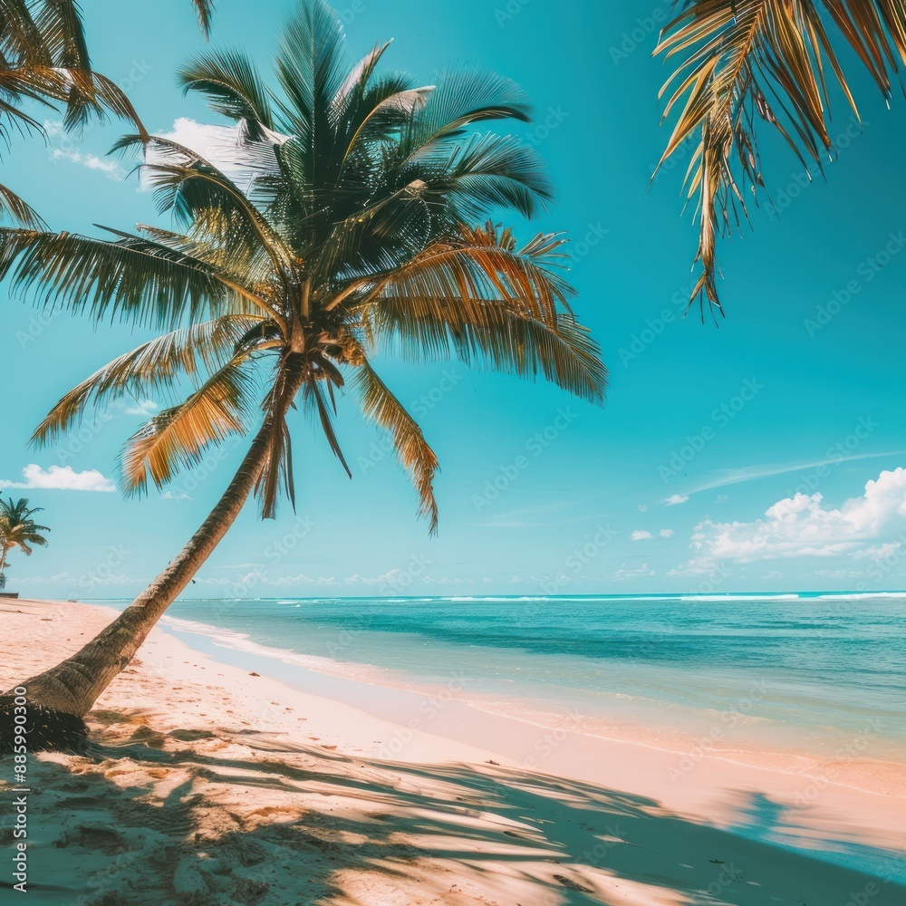 Fototapeta premium Tropical Beach Paradise with Palm Trees and Turquoise Waters
