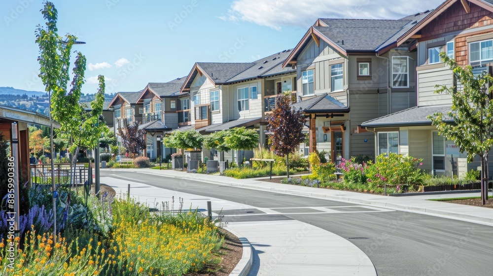 Fototapeta premium Classic house with flower garden Surrounded by large leafy trees.