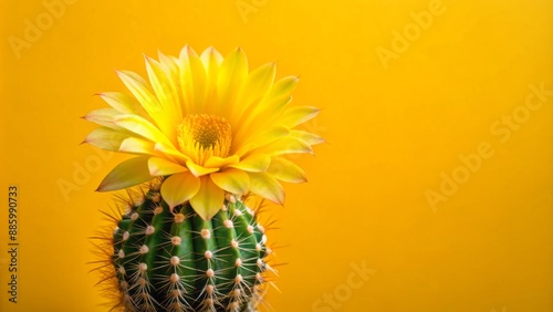 Vibrant yellow cactus flower blooms against bright yellow background with ample copy space for text or message in flat lay composition.