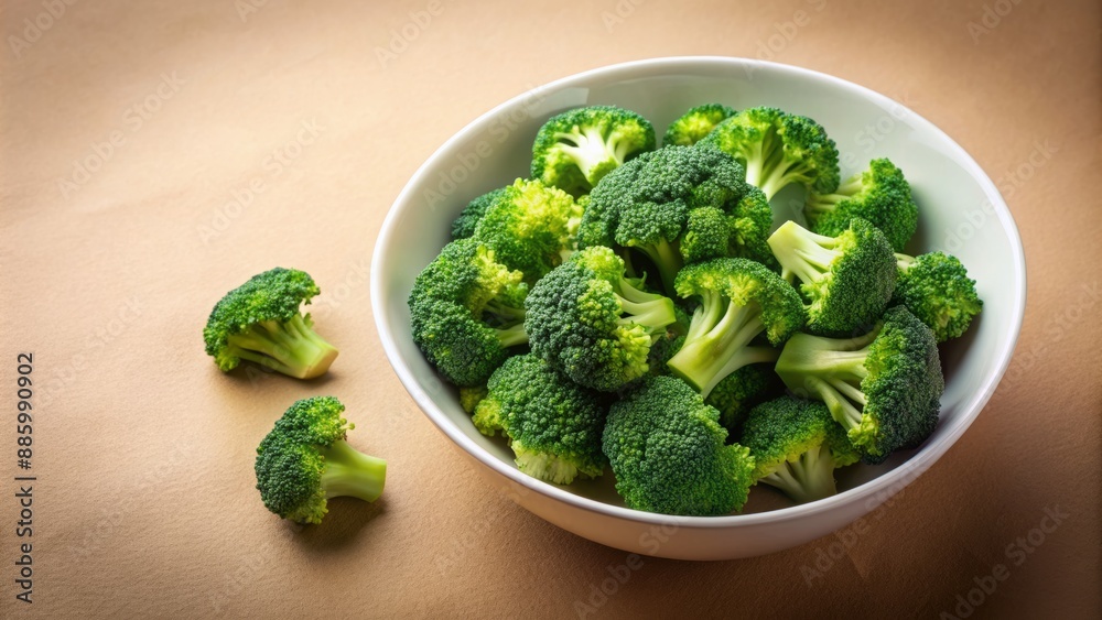 Freshly steamed green broccoli florets overflowing from a white ceramic bowl against a neutral beige background, lit from above. Freshly steamed green broccoli florets overflowing from a white ceramic bowl against a neutral beige background, lit from above.