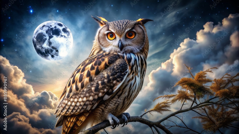 Majestic owl's soulful eyes pierce through darkness, windswept feathers radiate intensity, as if surveilling secrets of the moonlit night sky.
