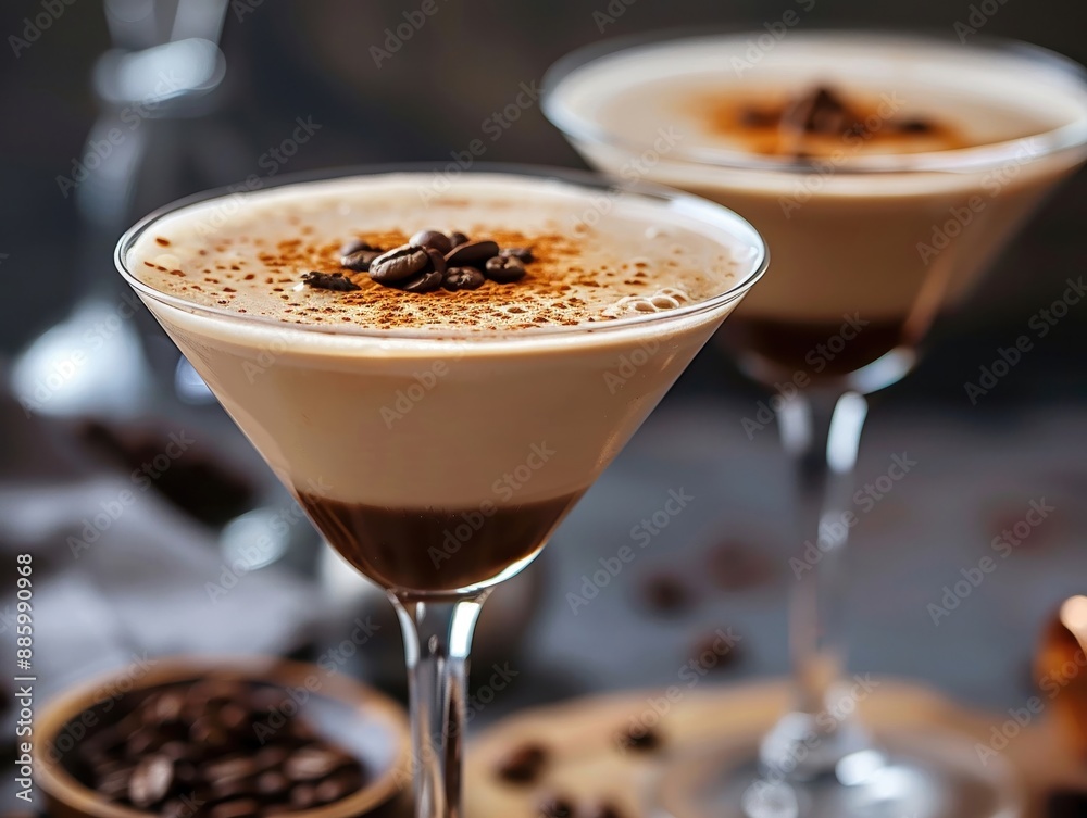 Espresso martini, closeup, coffee beans, creamy top, elegant drink, stylish look
