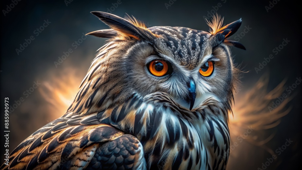 Majestic owl's soulful eyes pierce through the darkness, its ruffled feathers a testament to the wind-swept night's intense silence. Majestic owl's soulful eyes pierce through the darkness, its ruffled feathers a testament to the wind-swept night's intense silence.
