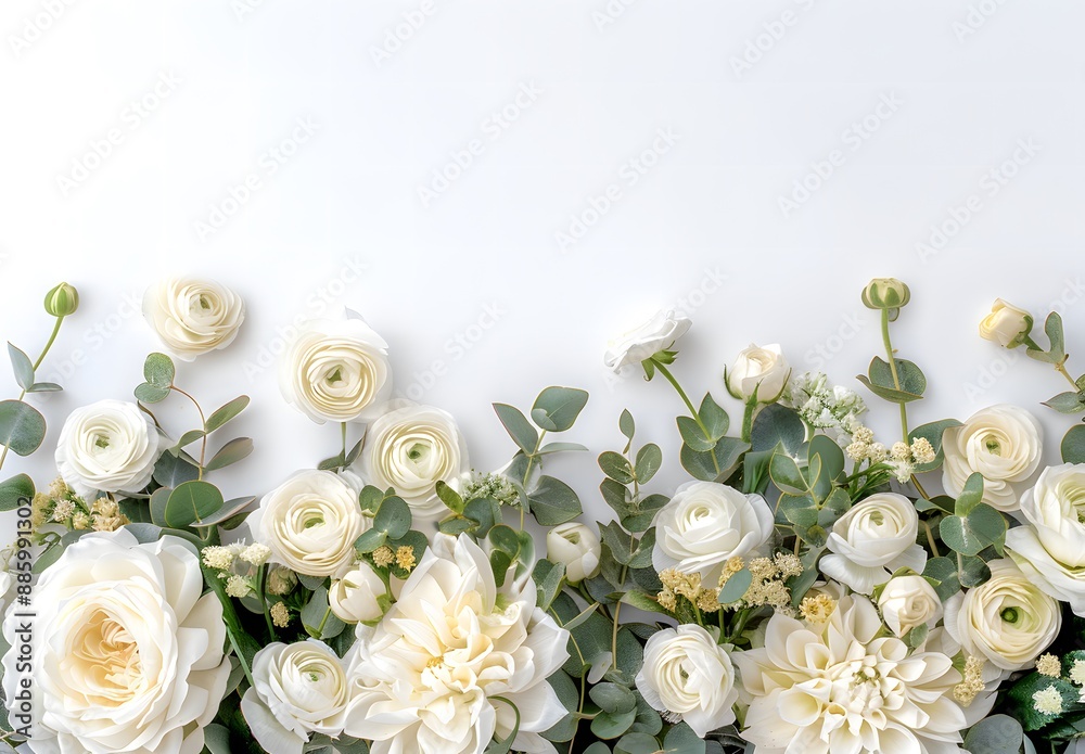 White flowers and green leaves border with copy space.