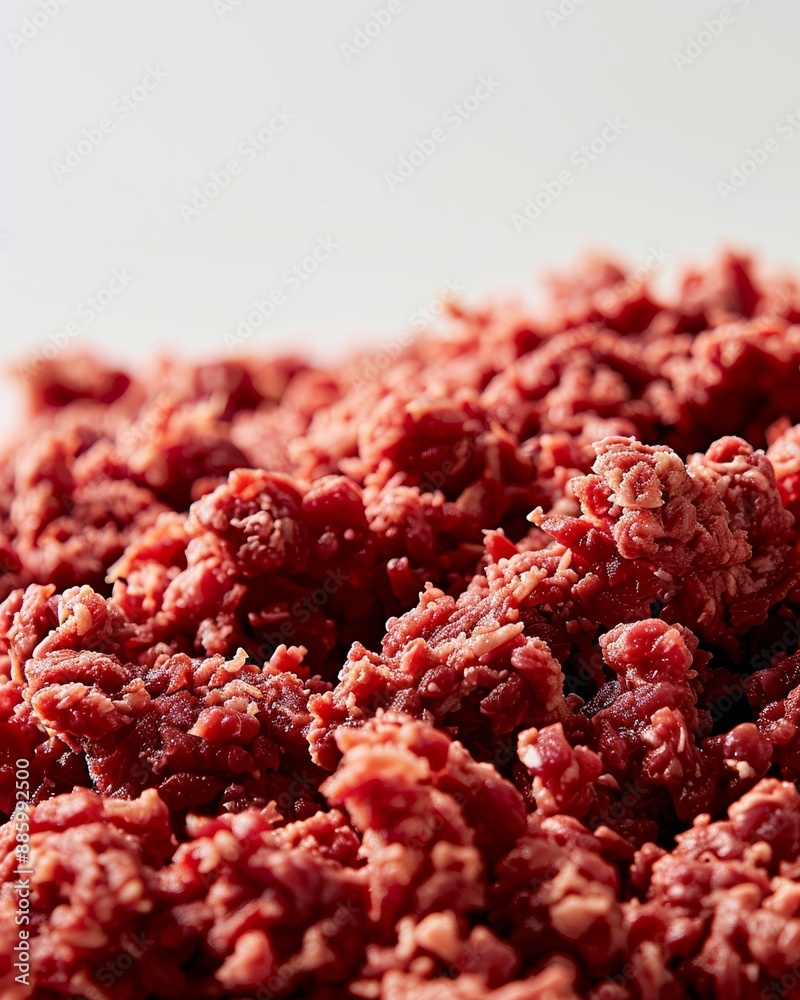 Close-up of raw ground beef, showcasing its texture and rich red color. Close-up of raw ground beef, showcasing its texture and rich red color.