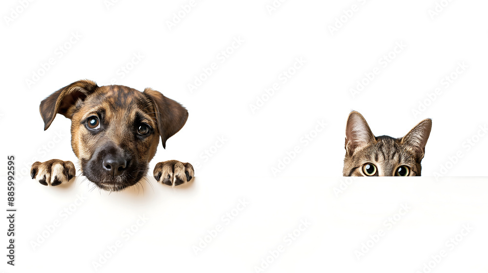 Curious Puppy and Kitten Peeking Out Against a White Background for Pet-Themed Designs Curious Puppy and Kitten Peeking Out Against a White Background for Pet-Themed Designs