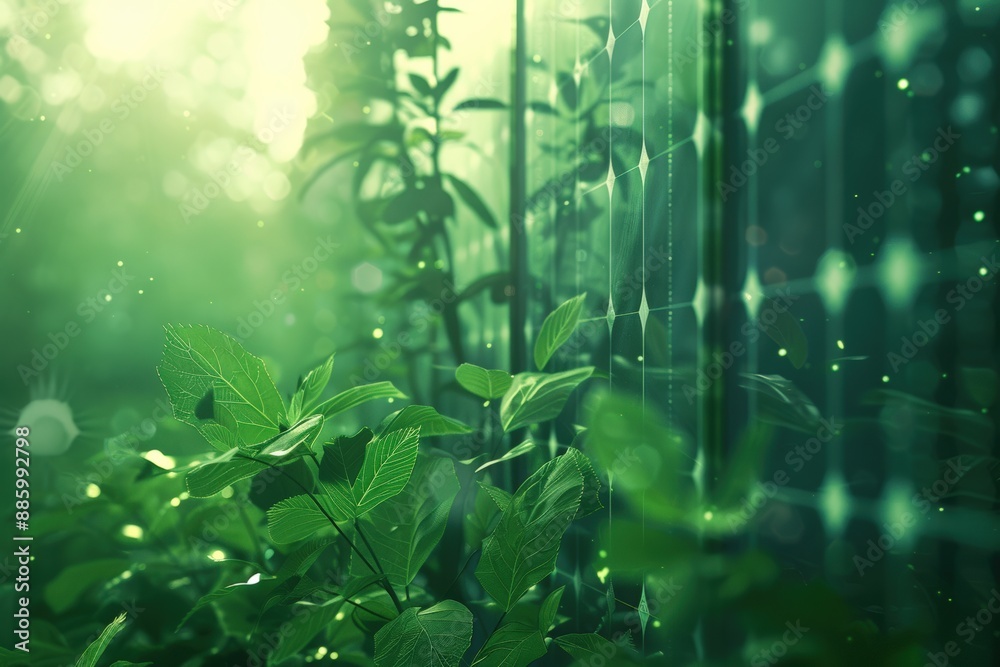 Naklejka premium Serene lush green foliage with sunlight filtering through, creating a calming atmosphere with sparkling light effects, ideal for nature concepts.