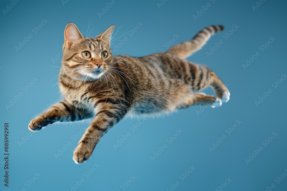 Obraz premium A tabby cat is captured mid-leap against a blue background, displaying grace and agility in its jump