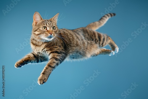 A tabby cat is captured mid-leap against a blue background, displaying grace and agility in its jump