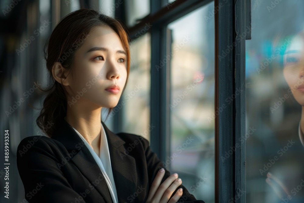 Young businesswoman standing with her arms crossed and looking through a window in an office building Young businesswoman standing with her arms crossed and looking through a window in an office building