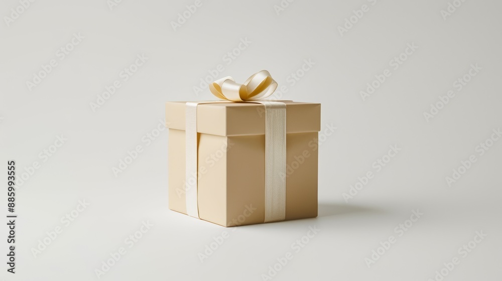 Obraz premium A neatly wrapped beige gift box with a white ribbon and bow sits against a plain, light background