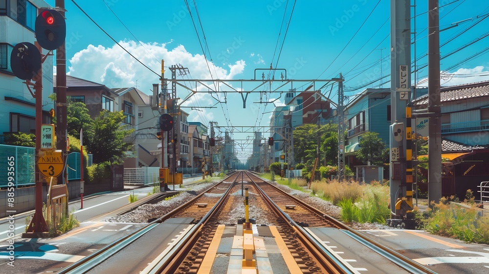 empty urban train station or railway line situated in what appears to be a city
