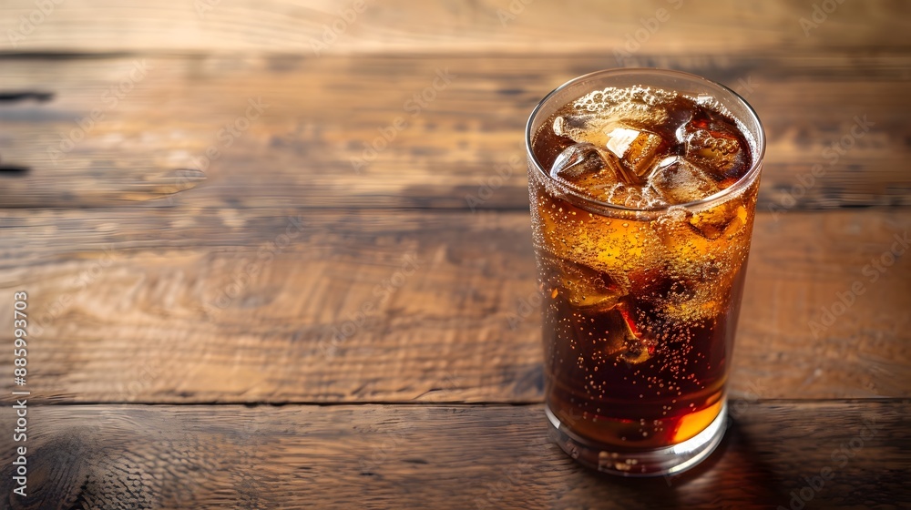 Captivating Magazine Style Cola Beverage on Wooden Table with Ample Negative Space Captivating Magazine Style Cola Beverage on Wooden Table with Ample Negative Space