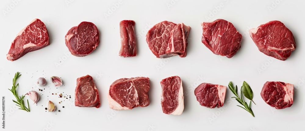 Various cuts of raw beef steak arranged in a row with rosemary, garlic, and pepper seasoning on a white background Various cuts of raw beef steak arranged in a row with rosemary, garlic, and pepper seasoning on a white background