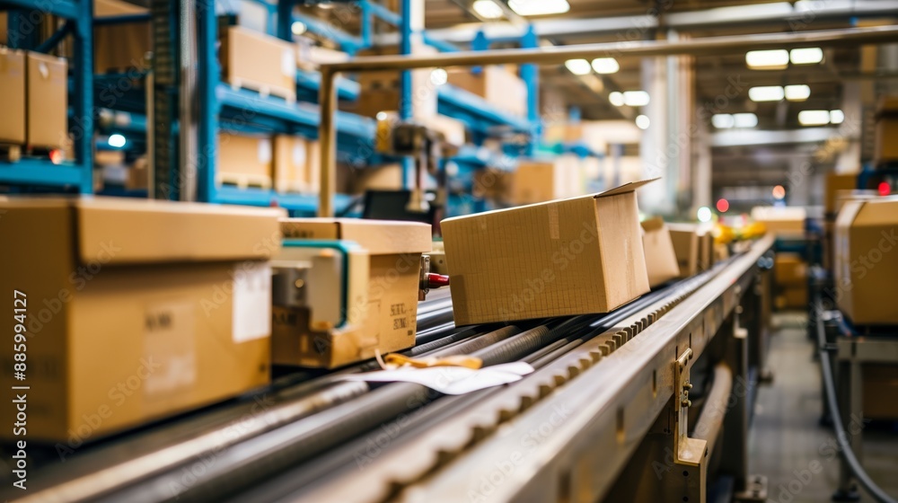 Cardboard boxes move along a conveyor belt in a busy warehouse filled with shelves and industrial equipment Cardboard boxes move along a conveyor belt in a busy warehouse filled with shelves and industrial equipment