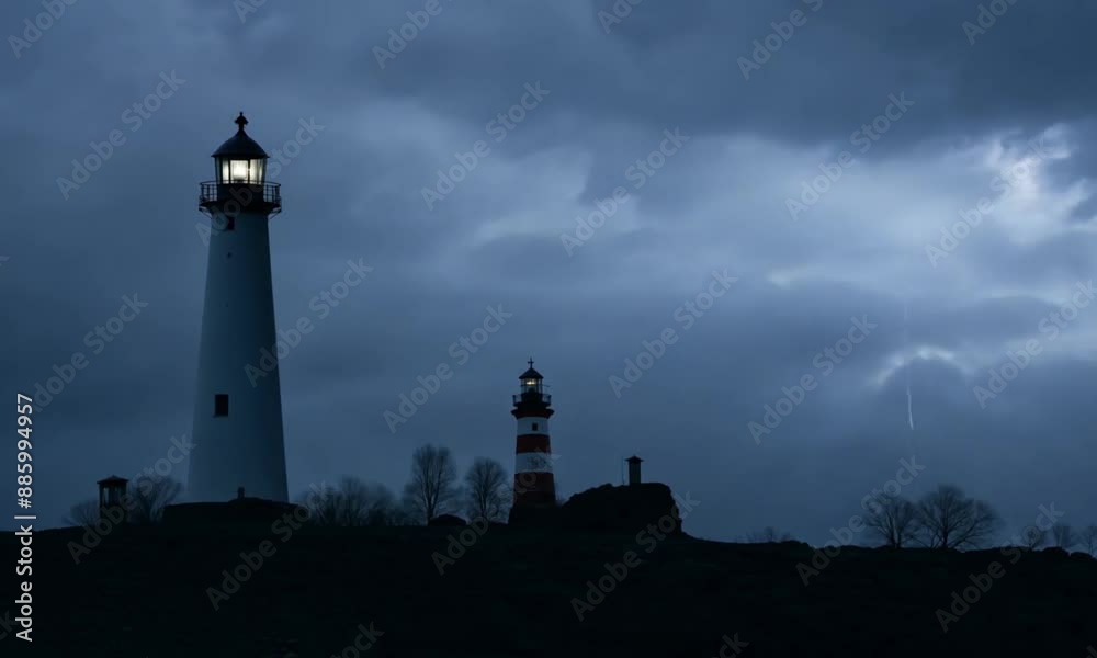 Wide-angle shot: A lone lighthouse standing tall on a rugged cliff during a stormy night, with waves crashing against the rocks below 4k Video