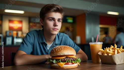 Young Man Enjoying Fast Food Feast and Eating Burger 