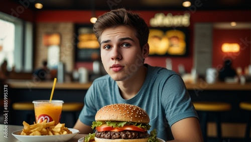 Young Man Enjoying Fast Food Feast and Eating Burger 