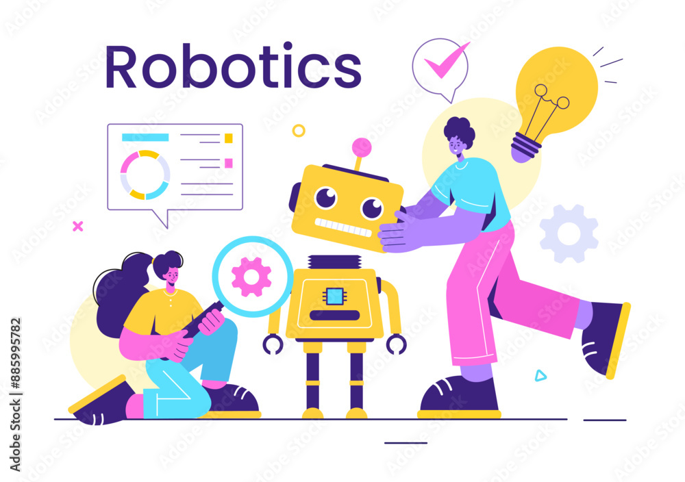 Robotics Vector Illustration of Artificial Intelligence Robots Communicating with Technology and Engineering, Featuring a Light Bulb and Gears Robotics Vector Illustration of Artificial Intelligence Robots Communicating with Technology and Engineering, Featuring a Light Bulb and Gears