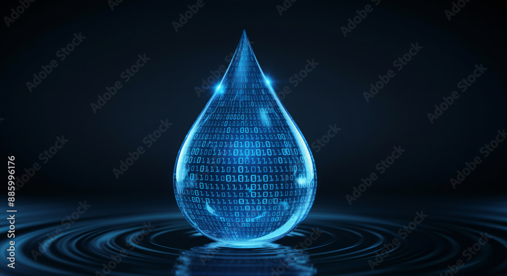 Fototapeta premium Digital blue water drop with binary code isolated on dark background.