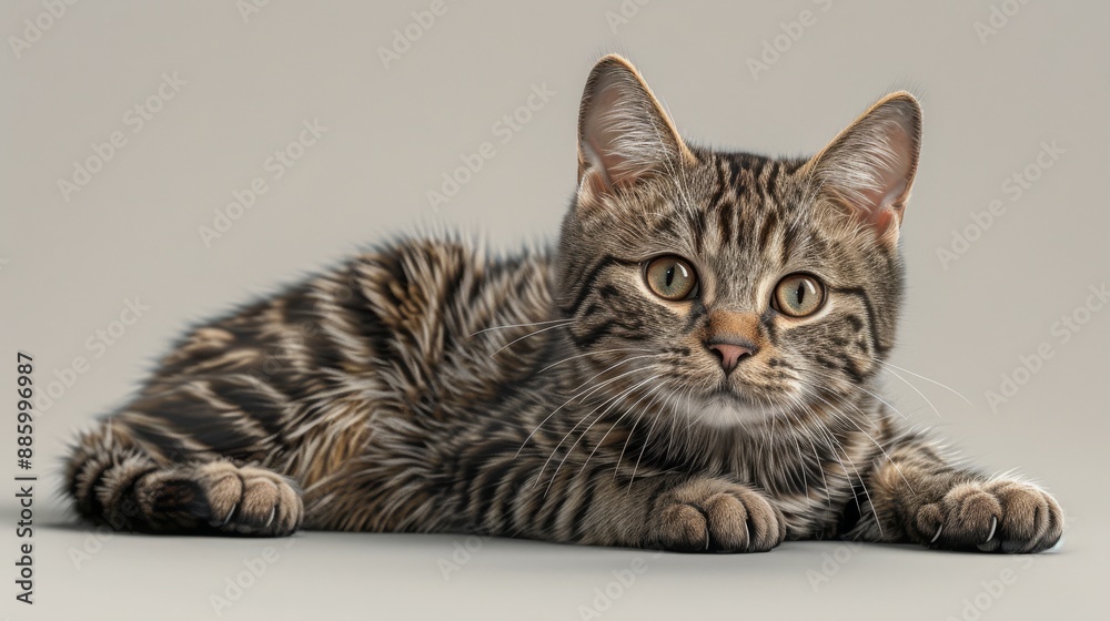 Adorable tabby cat lying on the floor, looking directly at the camera with attentive eyes, displaying beautiful fur patterns and texture. Adorable tabby cat lying on the floor, looking directly at the camera with attentive eyes, displaying beautiful fur patterns and texture.
