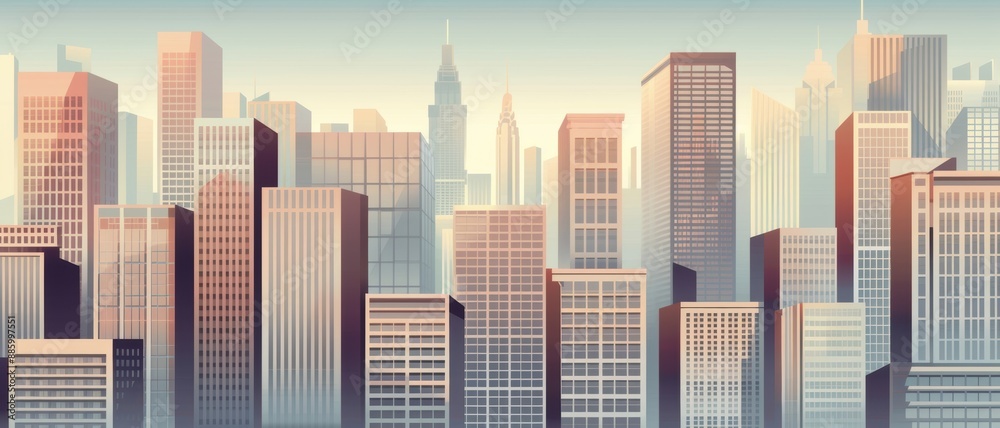 Fototapeta premium A vintage pop art cityscape with bright, contrasting colors and bold lines, depicting a bustling urban environment