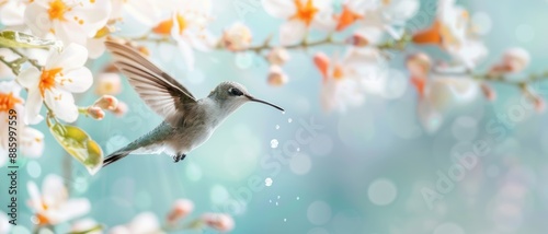 A vibrant scene of a hummingbird in mid-flight, sipping nectar from an orange blossom, with morning dew visible on the petals photo