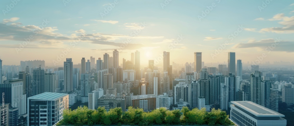Naklejka premium A modern city skyline with buildings covered in green roofs and solar panels, representing sustainable urban development