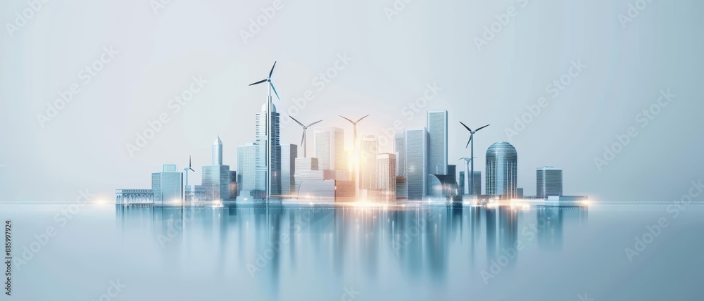 Fototapeta premium A futuristic smart city with integrated renewable energy sources, electric public transport, and eco-friendly buildings