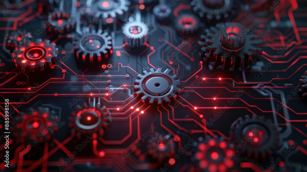 Obraz premium A digital background featuring interconnected gears and circuits, symbolizing complex tech processes and automation