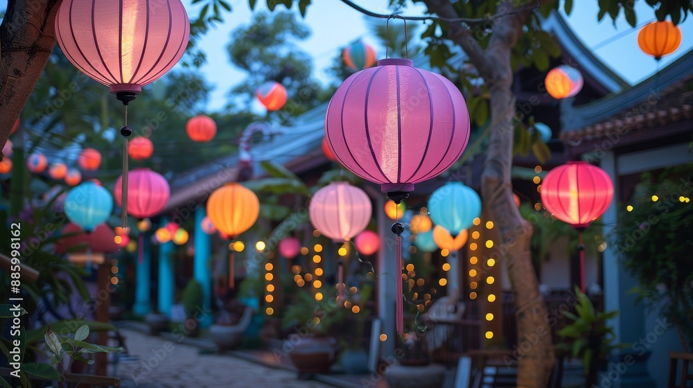 Fototapeta premium A row of colorful lanterns hang from the trees, creating a festive atmosphere
